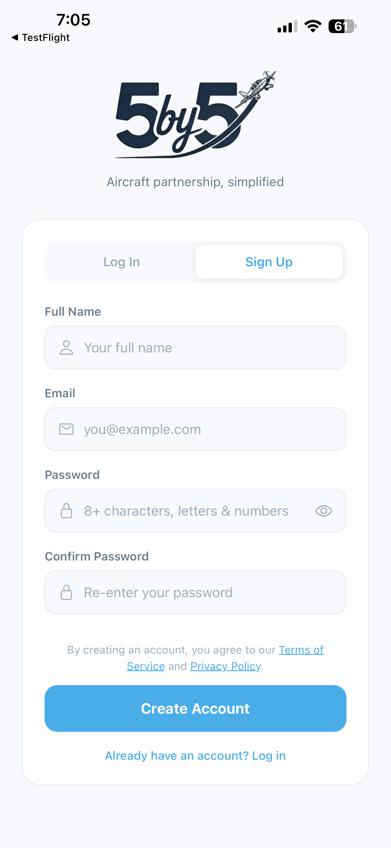 Sign up screen