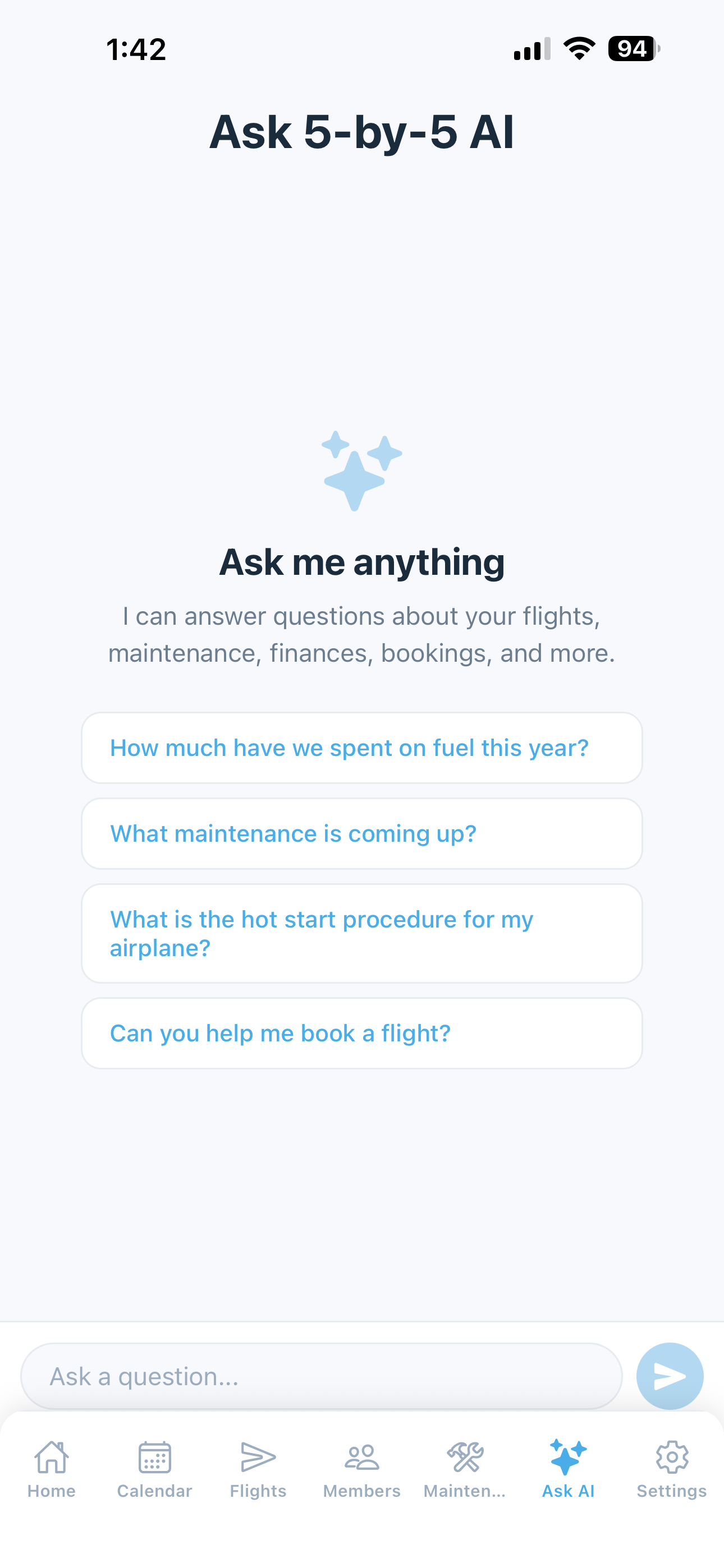 Ask AI conversation screen with suggested prompts and natural-language input
