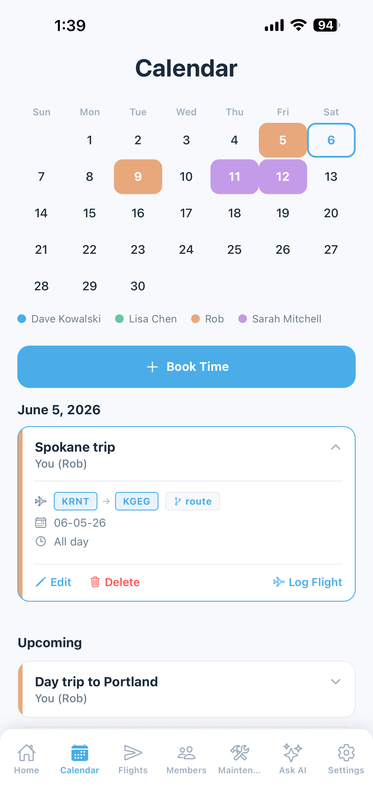 Reservation detail with booking time, destination, and member info