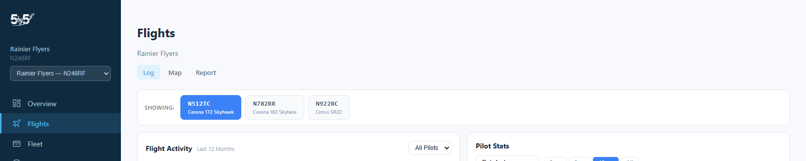 Showing: aircraft picker tab strip at the top of the web Flights page