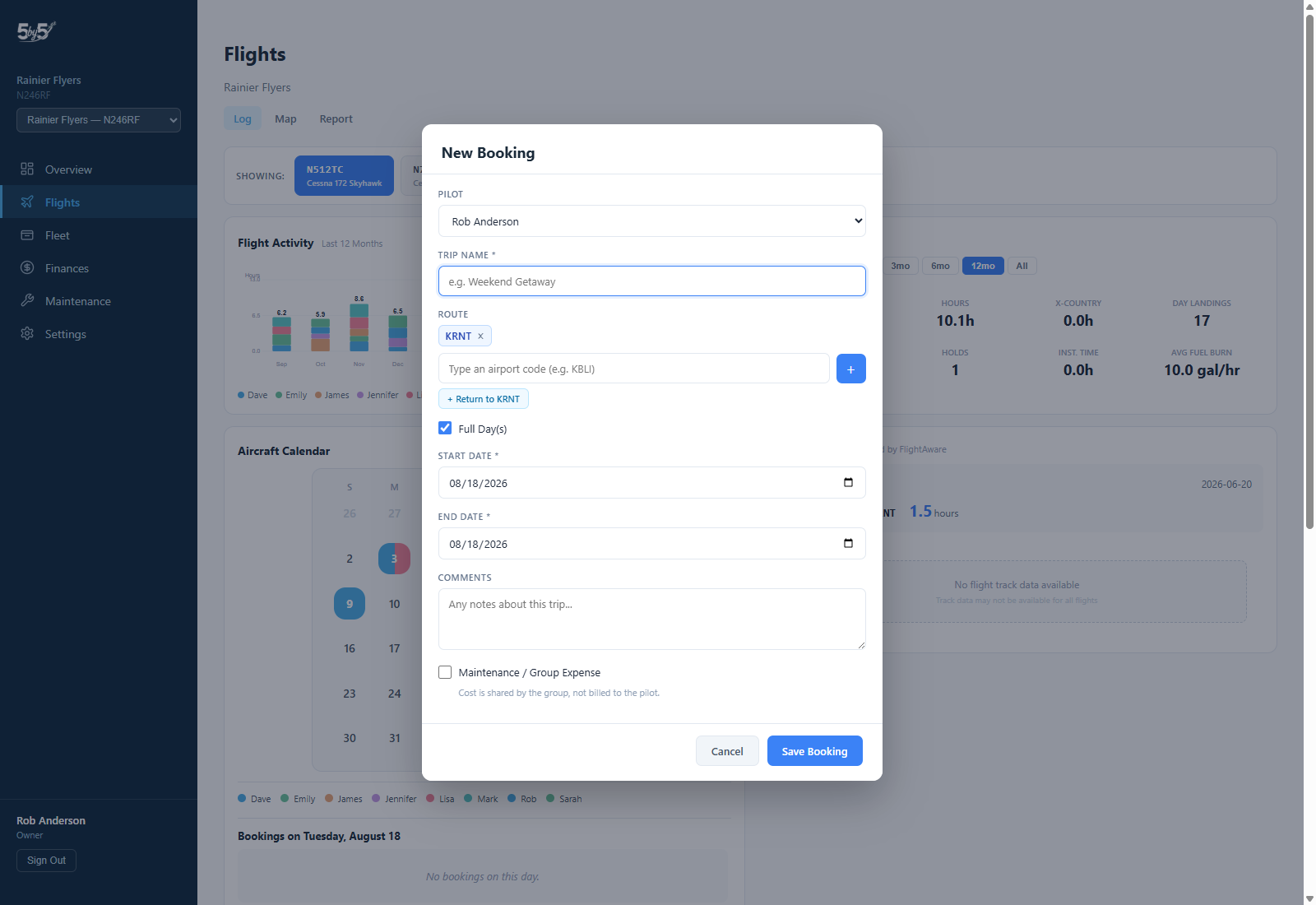 New Booking modal for booking a flight