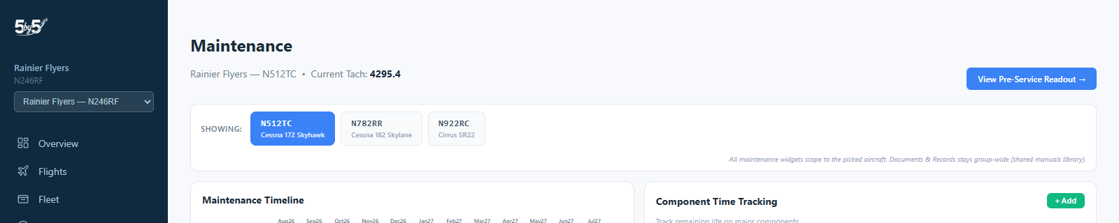 Showing: aircraft picker tab strip at the top of the web Maintenance page