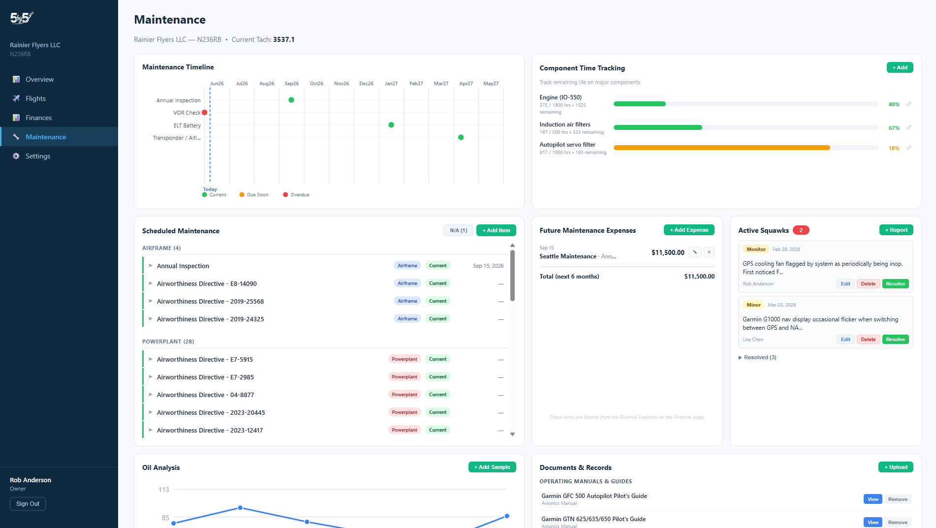 Maintenance dashboard with component tracking, oil analysis, and AD compliance