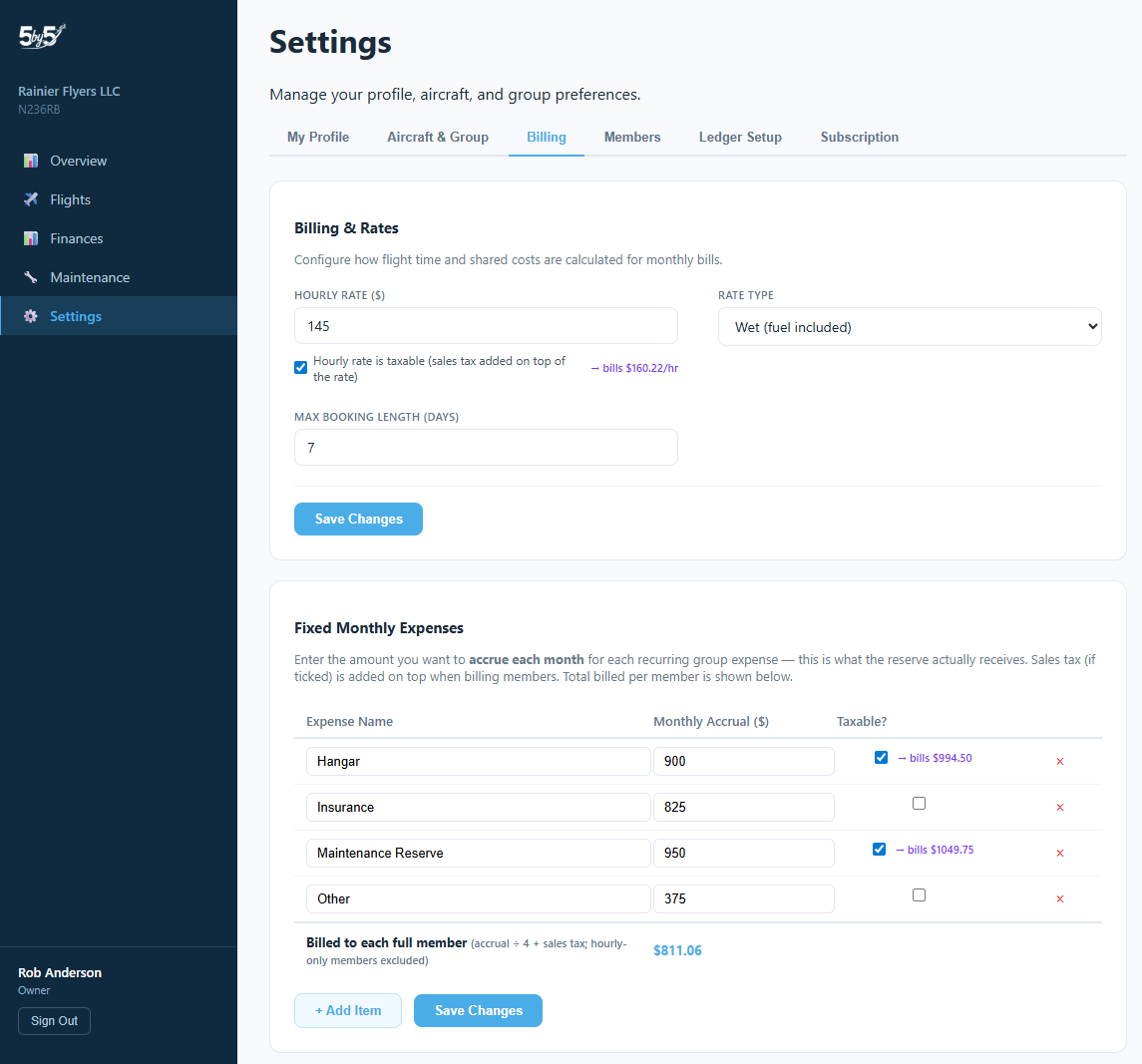 Billing tab top showing rates, fixed expenses, and sales tax authorities