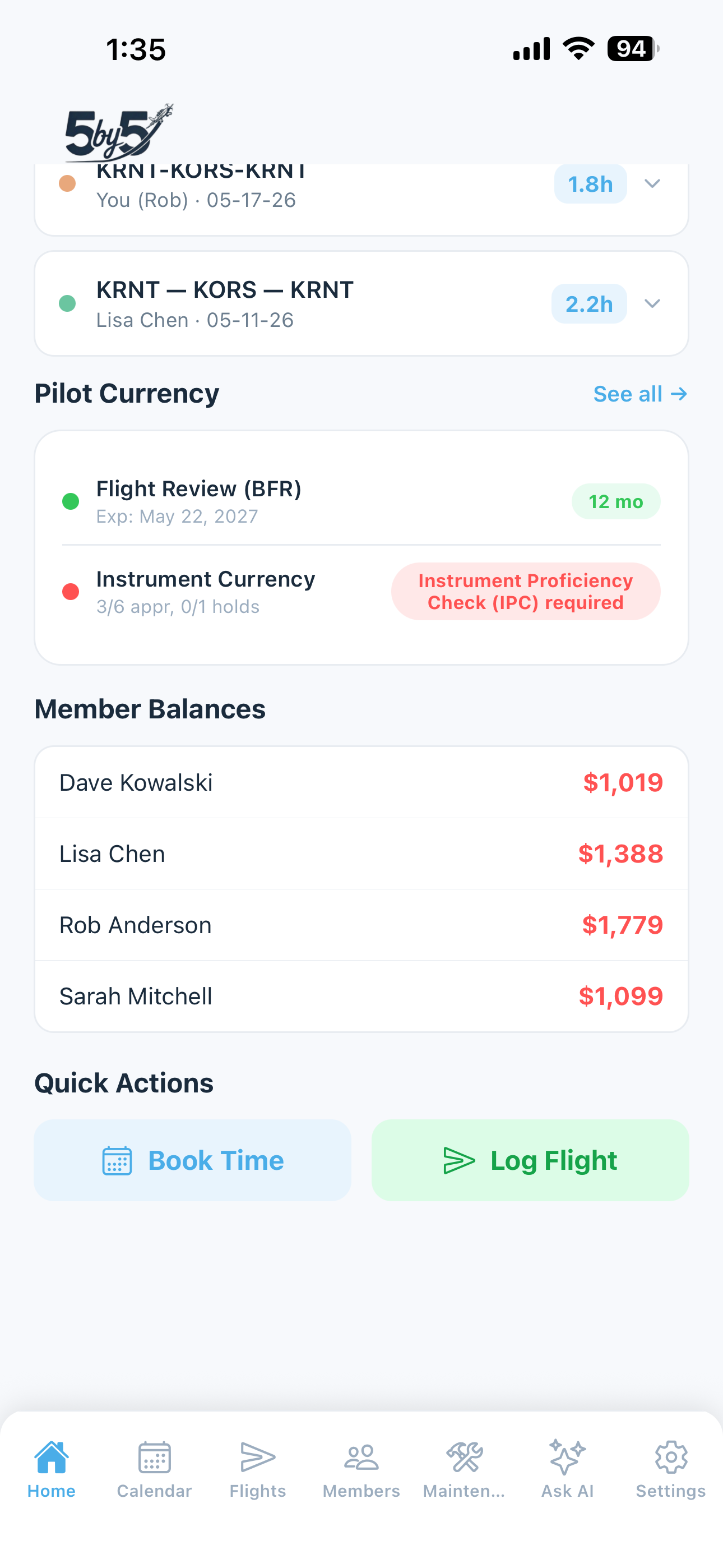 Quick action buttons at bottom of home screen