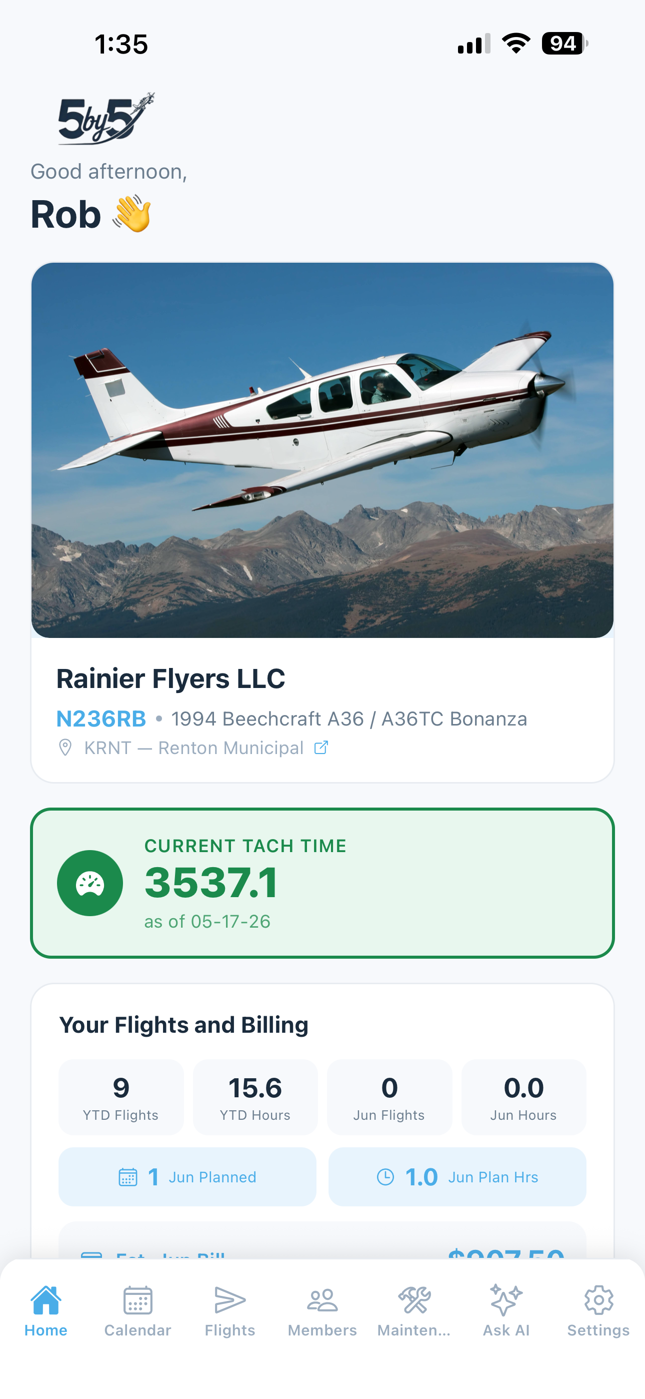 5-by-5 app home screen showing weather, upcoming flights, and maintenance status