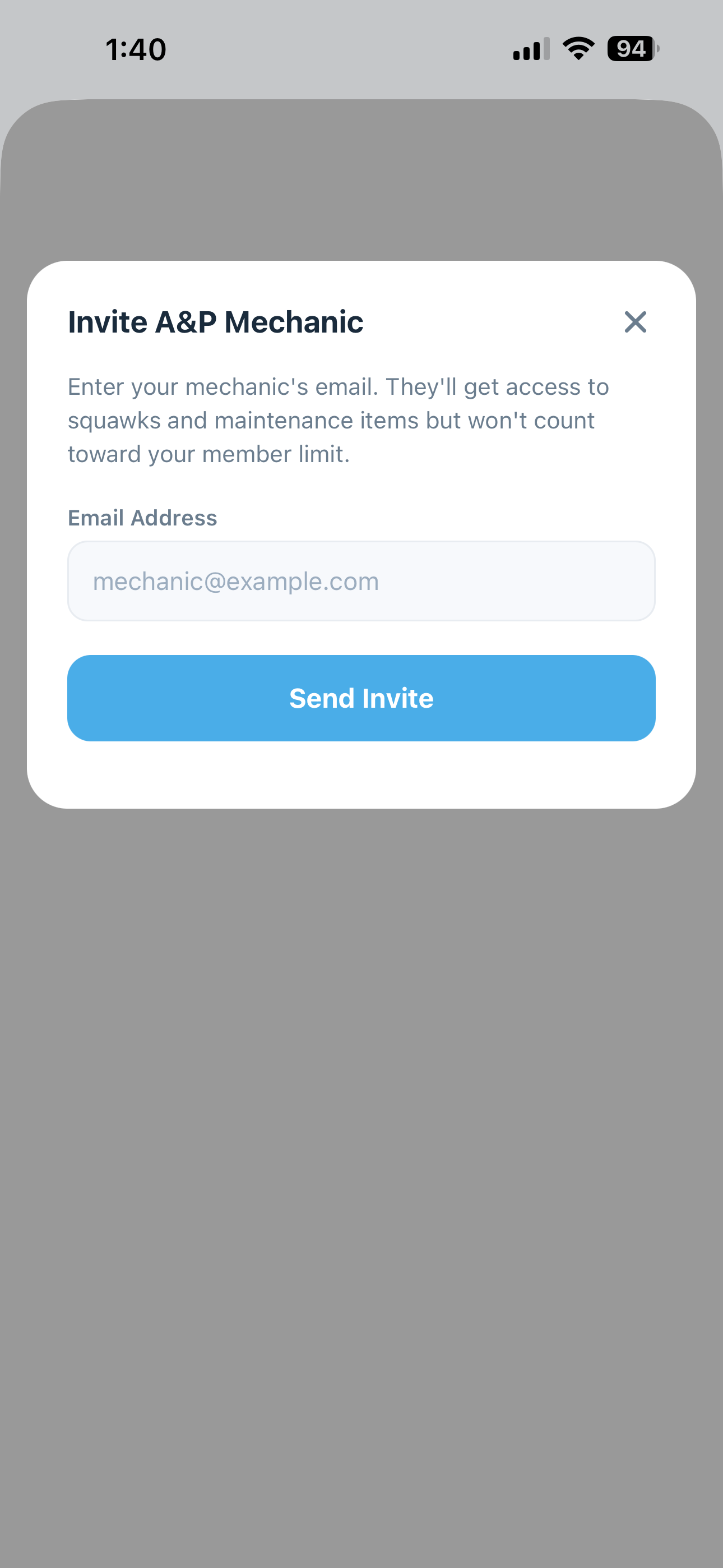 Mechanic invite screen showing dedicated A&P role access
