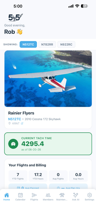 Showing: aircraft picker tab strip at the top of the mobile Home screen