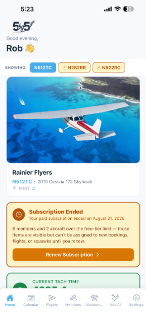Mobile Home screen showing the amber "Subscription Ended" banner