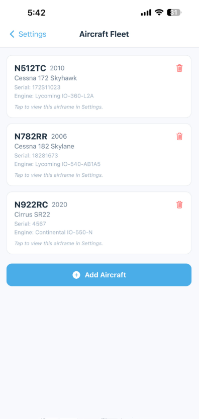 Fleet modal showing all aircraft with the trash icon for soft removal