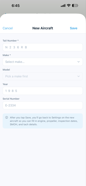 New Aircraft form in the mobile Fleet modal