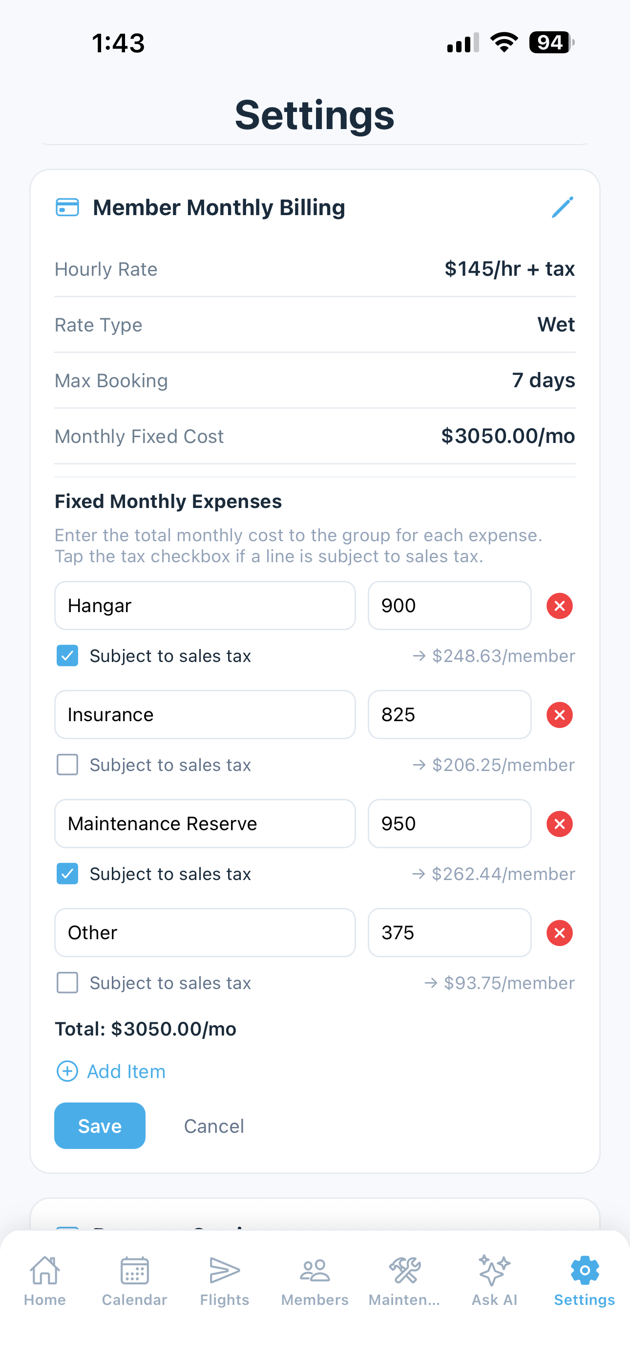 Member Monthly Billing settings with hourly rate, fixed expenses breakdown, and per-member cost preview