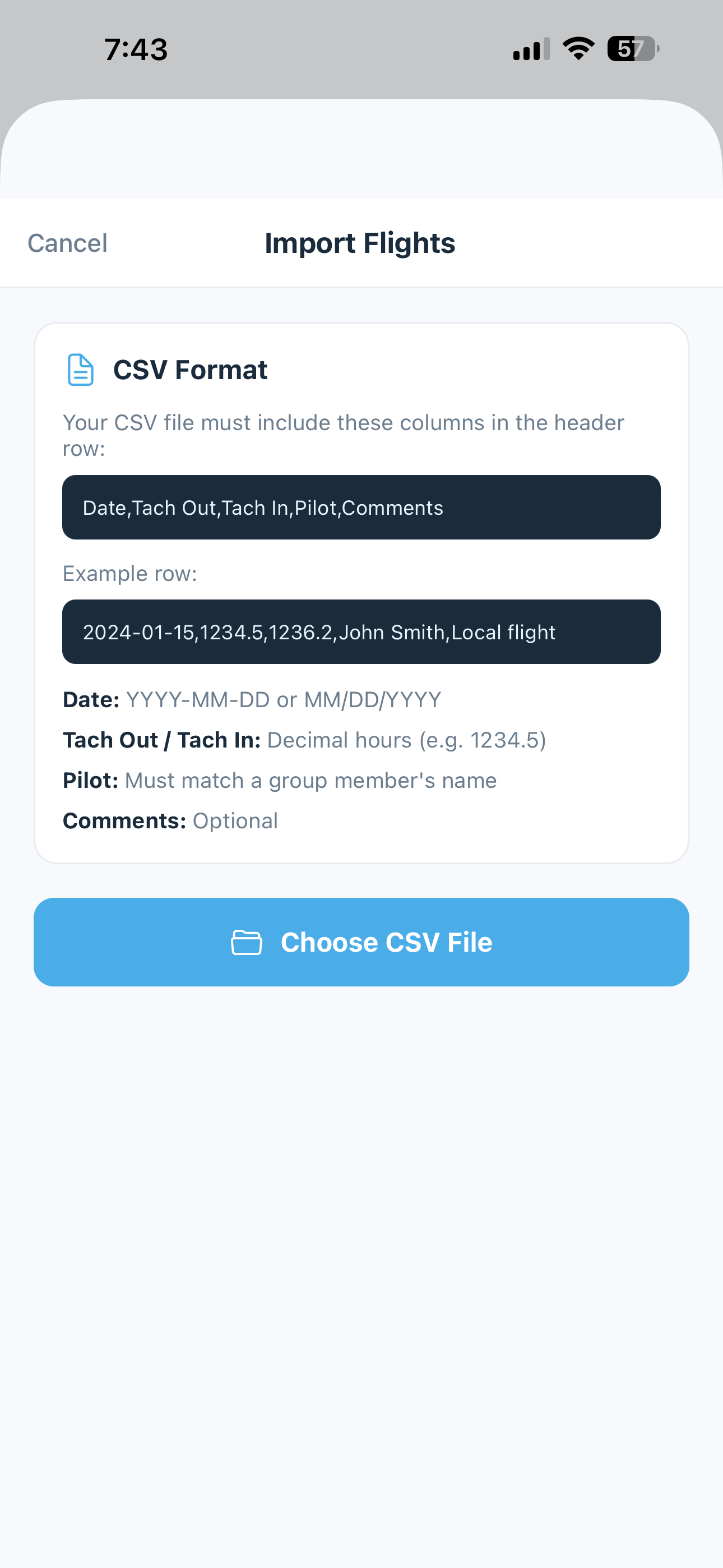 Import flights screen