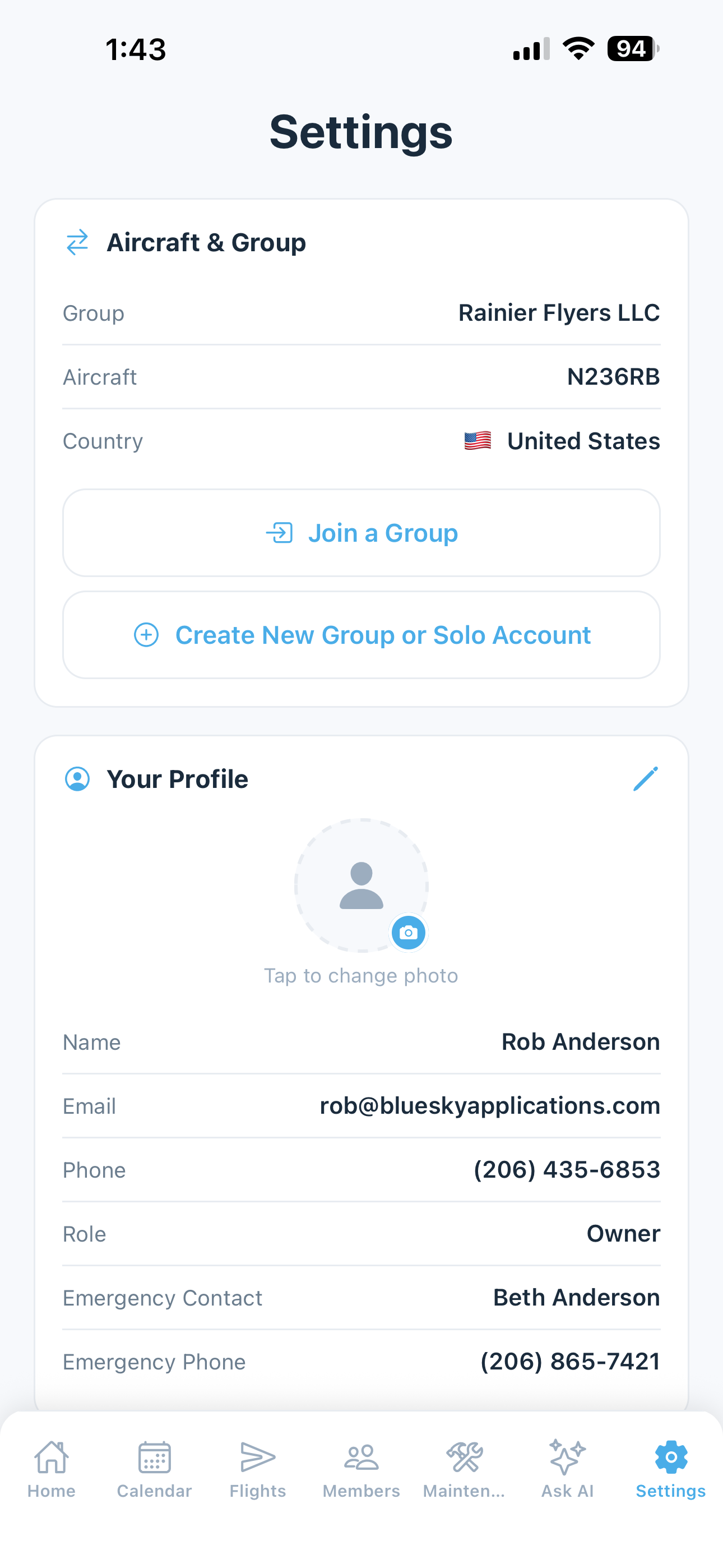 Settings screen showing group and subscription sections