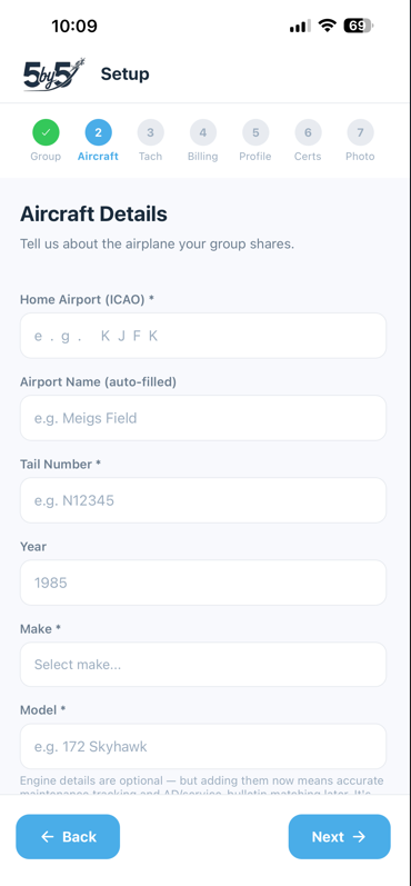 Onboarding step 2 - Aircraft Info